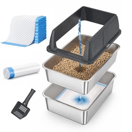 Gimars Caja de arena de acero inoxidable con tapa para arena grande y de pino para gatos, lado alto de 23 x 15 x 12.6 pulgadas para gatos grandes y ho