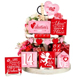 Patelai 17 Pcs Valentine's Day Tiered Tray Decor Set Farmhouse Wood Valentine Table Decor with LED String Light Valentines Love Heart XOXO Wooden Signs for Home Valentines Day Decorations(Cute)