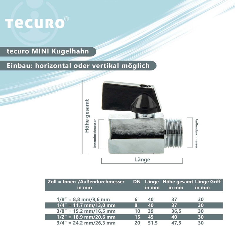 tecuro Mini Ball Valve 1/2 Inch, Female x Male Thread,