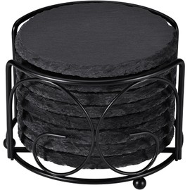 Slate Drink Coasters with Metal Holder, GOH DODD Set of 8 Black Coasters, 4 Inch Stone Coaster Set Tabletop Protection for Home Outdoor Kitchen Apartment Decor Housewarming Gifts Wedding Party, Round
