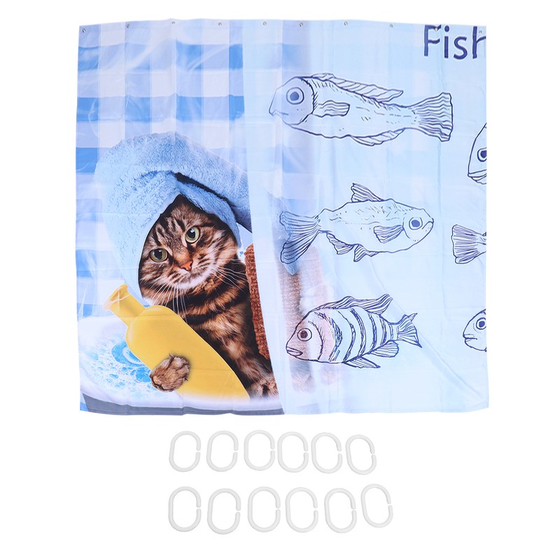 Cute Cat Fish Pattern Shower Curtain Waterproof Bathroom Decorative Bath