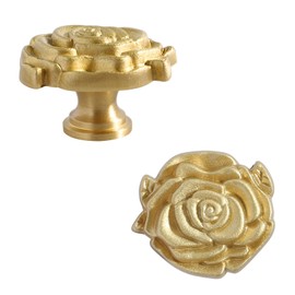 Pack of 2 Rosette Gold Furniture Knobs, Brushed Brass Handles, Golden Round Knob, Cabinet Handles with Screws, Kitchen Handles, Cabinet Knobs, Cupboard Single Hole Handle, for Wardrobe, Dresser,
