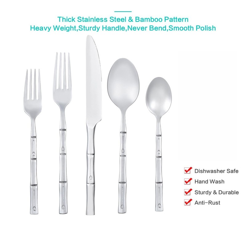 Flatasy Silverware Set Silver Bamboo Handle Flatware Stainless Steel Heavy