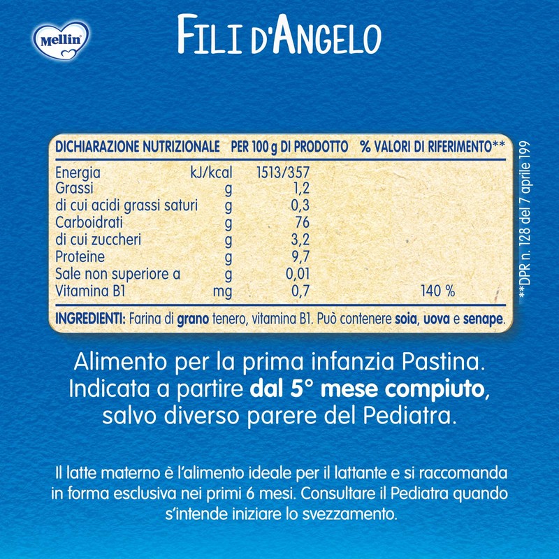Mellin Pastina Fili d'Angelo, A base di Farina di Grano