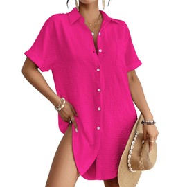 Bsubseach Women Swimsuit Coverup Shirt Dress Button Down Bathing Suit Cover Up Beachwear Hot Pink M