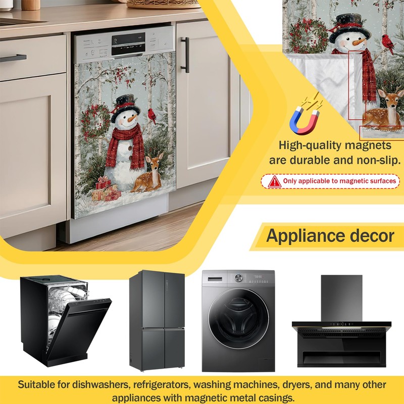 Snowman Dishwasher Magnet Cover,Winter Scene Kitchen Decor Waterproof Refrigerator Magnet