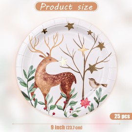 WRAPAHOLIC 25Pcs Christmas Paper Plates - 9 Inch Gold Foil Forest Reindeer Disposable Plates Decorative Dinner Plates for Christmas Party Tableware Supplies Table Decor