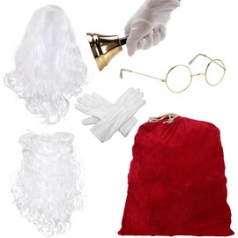 Sunnywood Santa Bell, Gloves, Wig and Beard, Glasses and Santa Bag Accessory Set for Santa Claus Suit Costume Red