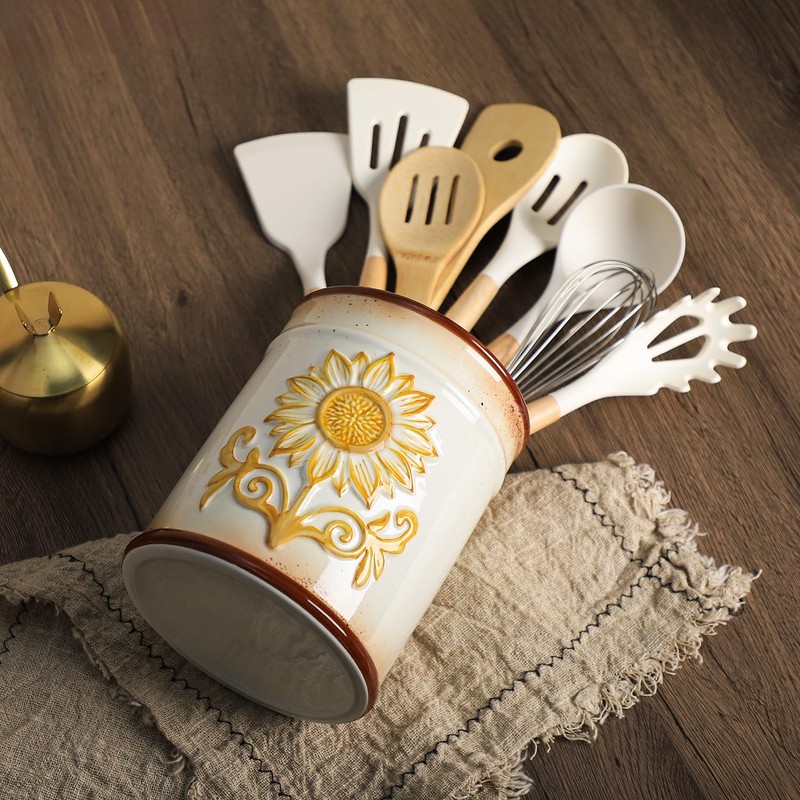 SOCOSY Ceramic Retro Sunflower Embossed Kitchen Utensil Holder, Large Cooking