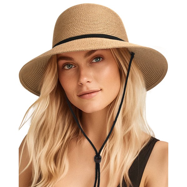 FURTALK Womens Wide Brim Sun Hat with Wind Lanyard UPF Summer Straw Sun Hats for Women A-Khaki