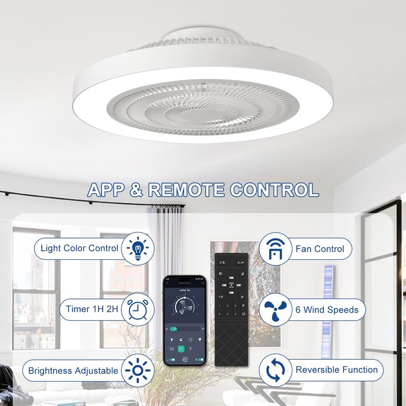 Depuley Modern Ceiling Fan with Light: 19" Bladeless Flush Mount