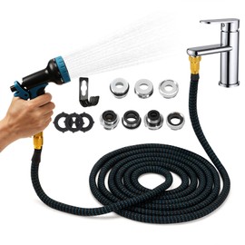 Indoor Sink Hose Attachment for Kitchen Sink or Bathroom Sink Faucet - (50FT) Sink Hose with 7 Adapters, Watering Houseplants, Dog Washing, Household Cleaning, Car Washing, 10-Function Nozzle