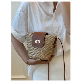 MakeMeChic Women's Straw Bucket Bag Mini Twist Lock Single Strap Beach Bags Crossbody Handbag Khaki One-Size