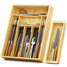NiHome All-Bamboo Build Double-Decker Flatware Organizer for Kitchen Utensils, Silverware, Makeup, Office Supplies, with Large Lower Tray, Sliding Upper Tray, Cutlery Rack and Detachable Tool Rest