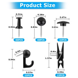 Black Push Pins Set, 5 Styles 140-count Thumb Tacks Map Pins, Steel Point and Dark Plastic Head Pushpins Black Thumbtacks for Cork Board Bulletin Boards (Black-140pcs) | Yalis