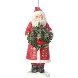 The Bridge Collection 5" Frosted Holly Wreath and Cardinal Santa Ornament - Red and Green Full Body Classic Santa Claus with Cardinal Christmas Tree Ornament