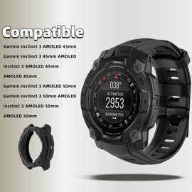 QHBAMD Silicone Watch Bands Compatible for Garmin Instinct 3 AMOLED 45mm/50mm with Protective PC Case - Sport Waterproof Breathable Adjustable Straps for Men Women (Black,45MM)