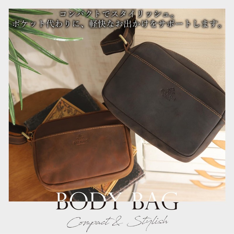 GULNAHS Men's Body Bag, Small, Genuine Leather, Crossbody Bag, Shoulder