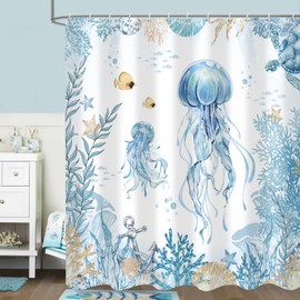 GKLEASG Ocean Jellyfish Shower Curtain Nautical Coral Sea Turtle Coastal Underwater Blue Bathroom Curtains Waterproof Fabric Bathtub Curtains Set with Hooks 72"x72"