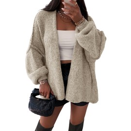 ATHMILE Womens Fall Oversized Cardigan Sweaters Long Lantern Sleeve Knit Open Front Lightweight Winter Fashion Clothes 2025 Grey Beige