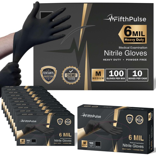 6 Mil Black Nitrile Gloves Medium, 1000 Count Heavy-Duty Disposable