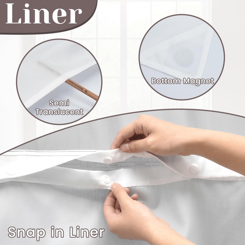 SORTTO No Hook Slub Textured Shower Curtain with Snap in