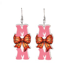 Mother's Day Mom Letter Sports Ball Wooden Dangle Earrings Vintage Handmade Baseball Basketball Volleyball Softball Football Soccer Bowknot Shape Lightweight Wood Earrings for Mom Mama-Basketball