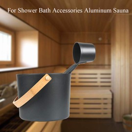 Sauna Bucket and Ladle Set, 1.85 Gallons (7L) Large Aluminum Sauna Bucket with Long Wooden Handle Spoon, SPA Shower Accessories, Saunas Accessories Set for Home Saunas (Color:Black)