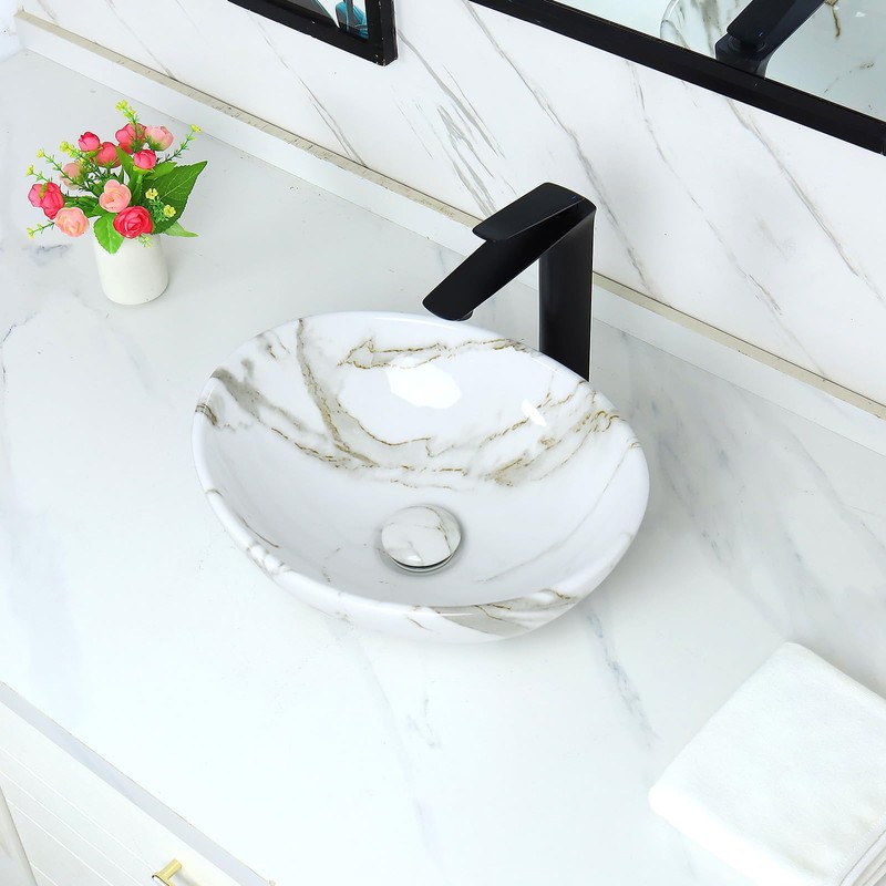 Davivy 16.3"x13.4" White Marbling Bathroom Vessel Sink with Pop Up