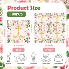 100Pcs God Bless Floral Napkins, Pink Flower Disposable Paper Napkins, Baptism & First Holy Communion Party Supplies, Christening Mi Bautizo Baby Shower Religious Decor (Pink)