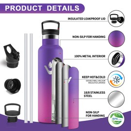 Vikastar Stainless Steel Water Bottle, Thermos Flask, 750 ml, BPA-Free Drinking Bottle, Thermos Bottle with Straw, Drinking Bottle for School, Sports, Bike, Camping, Deep Purple & Pink
