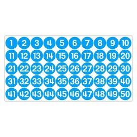 GamesMonkey® - Labels Numbers Stickers Circles - Light Blue - from 1 to 50 - (50-500 - 2500 Pieces)(10-25 mm) Waterproof Vinyl - Consecutive Inventories (25 mm - 2,5 cm, 50 Pieces - 1 Sheet)