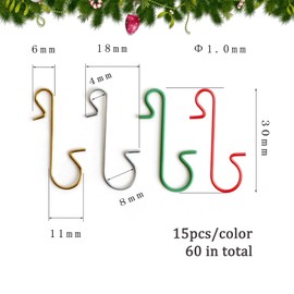 Dolaso Pack of 60 Christmas Tree Hooks, Gold Silver, 4 Colours, S Ball Hangers for Christmas Tree Baubles, 30 mm Small Metal Quick Hanger, Christmas S-Hooks for Art Craft Christmas Tree Decorations
