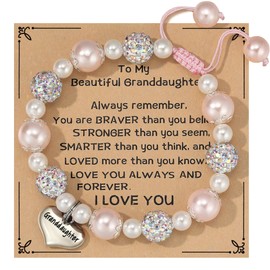 MIXJOY To My Granddaughter Gifts, Women's Sparkle Pink Beaded Granddaughter Bracelet Gifts w/Encouragement Message Card for Granddaughter from Grandma Grandpa, Birthday Christmas for Women