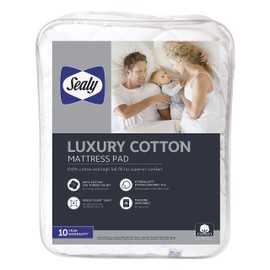 Sealy Luxury 100% Cotton Fitted Mattress Pad, White (Full) – Luxuriously Soft 300 Thread-Count Top Layer – EternaLoft Hypoallergenic Fill Provides Lasting Support - Machine Washable