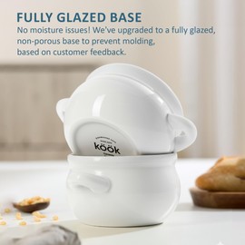 KooK French Onion Soup Crocks with Handles, Ceramic, Dishwasher, Microwave, Oven & Broil Safe, White Set of 4, 18 oz
