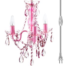 Plug-in 3 Light Pink Hanging Swag Chandelier H17”xW12”, Pink Metal Frame with Pink Glass Stem and Pink Acrylic Crystals & Beads That Sparkle Just Like Glass