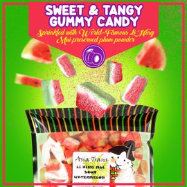Li Hing Mui Sour Watermelon 18 Ounce - Packed fresh in Hawaii. Sweet and tart watermelon gummy candy sprinkled with Li Hing Mui Plum powder.