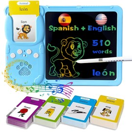 KILOGOGRAPH Talking English & Spanish Flash Cards Y5 - Bilingual 510 Sight Words, Toddler Pocket Speech, 8" LCD Writing Tablet for Kids 3 4 5 6 7 8 9, Drawing Sketch Pad, Autism Toys for Boys (Blue)