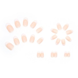 French Tip Press on Nails Almond Medium Fake Nails Nude Acrylic False Nails White Tip Glazed Design Full Cover Glue on Nails Reusable Artificial Stick on Nails for Women Girls Manicure 24Pcs
