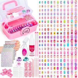 480 Pcs Kids Nails and Glue, Girls Press ons Nail Art Kit with Storage Case, Fake Nails Adhesive, Remover, Stickers, Glitter Cute Stuff Gift for Girls 8-12