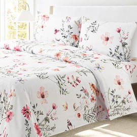 Bloom Studio Full Size Sheets 4 Piece Floral Printed Brushed Sheets 15”Deep Pocket Soft 100% Microfiber Bedsheet Flowers on Beige Background Pattern Luxury Bedding Sheet Set,Easy Care, Wrinkle Free