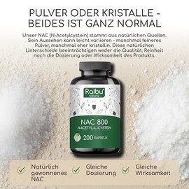 Raibu NAC 800 Capsules High Dose (200 Capsules x 800 mg) I NAC Acetyl L-Cysteine in Best Quality without Additives Produced in Germany