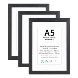 A5/15x21cm Picture Frame Set of 3, Display 10x15cm with Mat or A5 without Mat, Natural Wood Photo Frames for Wall Mounting or Table Top Display