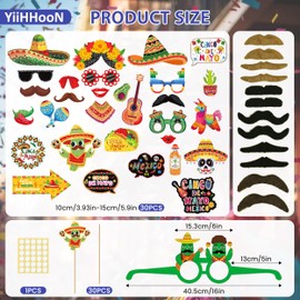 48 Pcs Mexican Fiesta Photo Booth Props, Mexican Photo Props with Fake Mustache and Paper Glasses, Cinco De Mayo Mexican Party Decorations Selfie Props for Mexican Fiesta Party Supplies