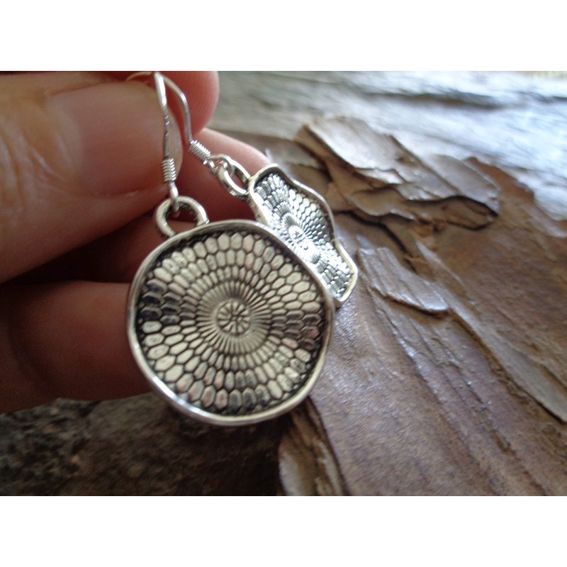 Wavy mandala disc 925 silver earrings, real silver hook earrings