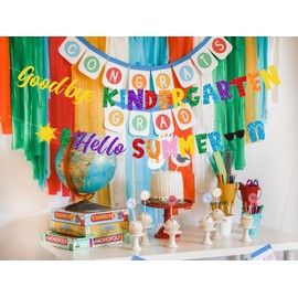 Glitter Goodbye Kindergarten Hello Summer Banner for Kindergarten graduation decorations, last day of Kindergarten decorations for Home School Classroom