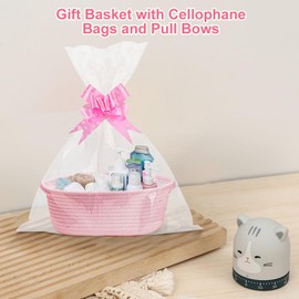 Lotvic Gift Basket, Hamper Kit, Empty Hamper Basket with Cellophane Bags and Pull Bows, Rope Gift Baskets with Handles, Woven Gift Baskets for Baby Shower, Wedding, Birthday, Housewarming (Pink)