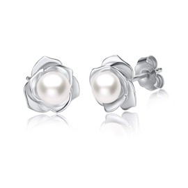 Sterling Silver Rose Flower Pearl Stud Earrings for Women Mother Gift