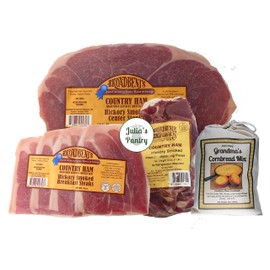 Julia's Pantry Premium 1# Hickory Smoked Country Ham Center Steak, 10oz Breakfast Steaks, 1# Seasoning Pieces and Cornbread Mix